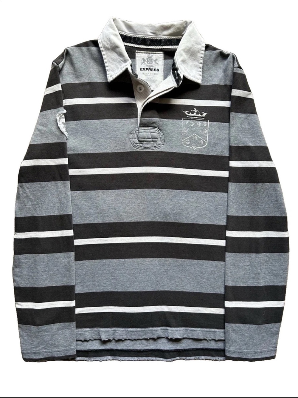 Vintage Y2K Stripe Rugby Polo Shirt Mens M Gray Black Preppy Collegiate Distress